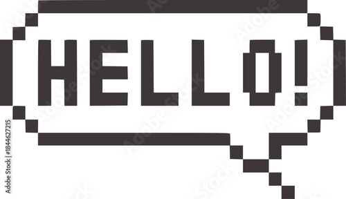 Black and white pixelated speech bubble with hello text
