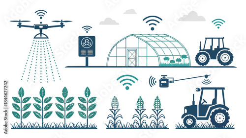 Modern Black Silhouette Vector Icons for Smart Farming, Agriculture Technology, Sustainable Cultivation, and Innovation.