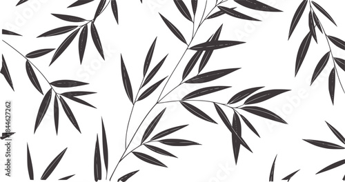 Black and white seamless bamboo leaves pattern