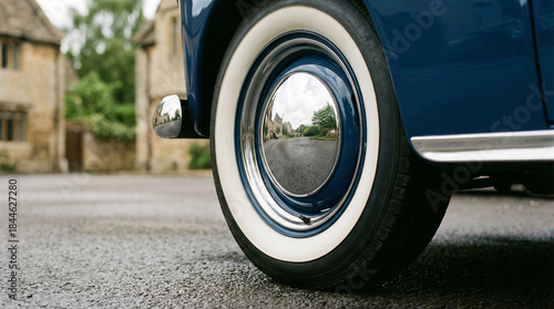 Vintage blue car with classic whitewall tire parked on wet village street near stone houses and green trees on a cloudy day