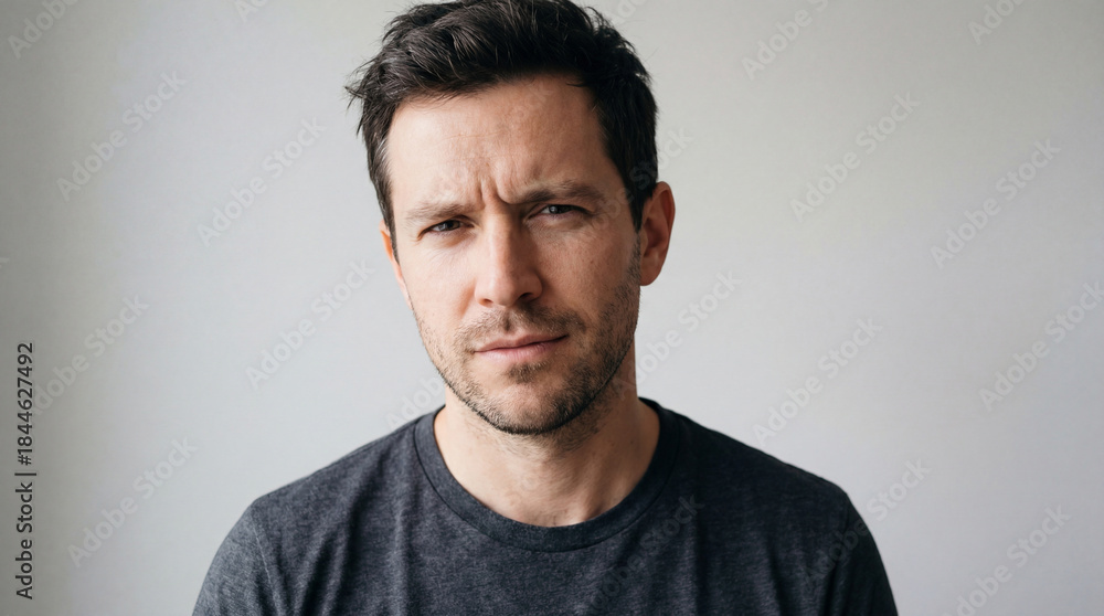 Fototapeta premium Confident young man in casual grey t shirt standing against plain light background with thoughtful serious facial expression