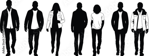Group of diverse people walking forward silhouette figures modern urban fashion crowd isolated on white background concept leadership unity diversity