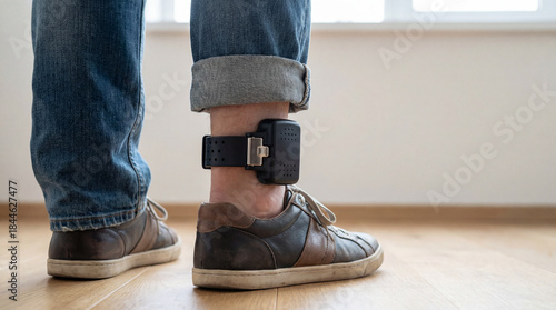 Man wearing electronic ankle monitor in home interior, close up of monitoring device on leg with rolled up jeans and casual shoes