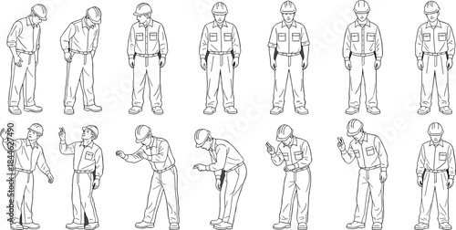 Construction worker line art, industrial labor poses set, safety helmet illustration, technician gestures, engineering workforce outline isolated white background design