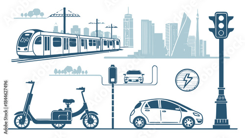 Modern Silhouette Vector Icon Set for Urban Mobility and Transportation, Illustrating Sustainable City Travel, Public Transit, and Innovative Commuting Solutions.