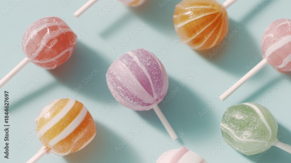 Obraz premium Group of colorful lollipops on a light blue background. there are six pops in total, each with a unique design and color. the pops are arranged in a scattered manner, with some overlapping each other.