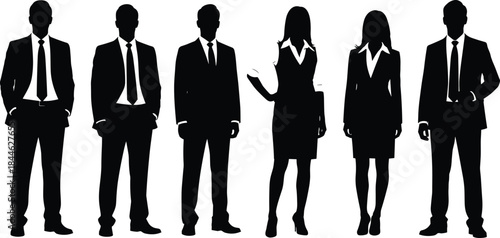 Business team silhouette in professional attire, corporate group standing confidently, successful diverse executive staff, leadership and professional success concept.