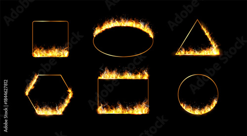 Golden fire flame frames, fiery rectangle, triangle, hexagon, oval and circle shapes, burning border design vector set