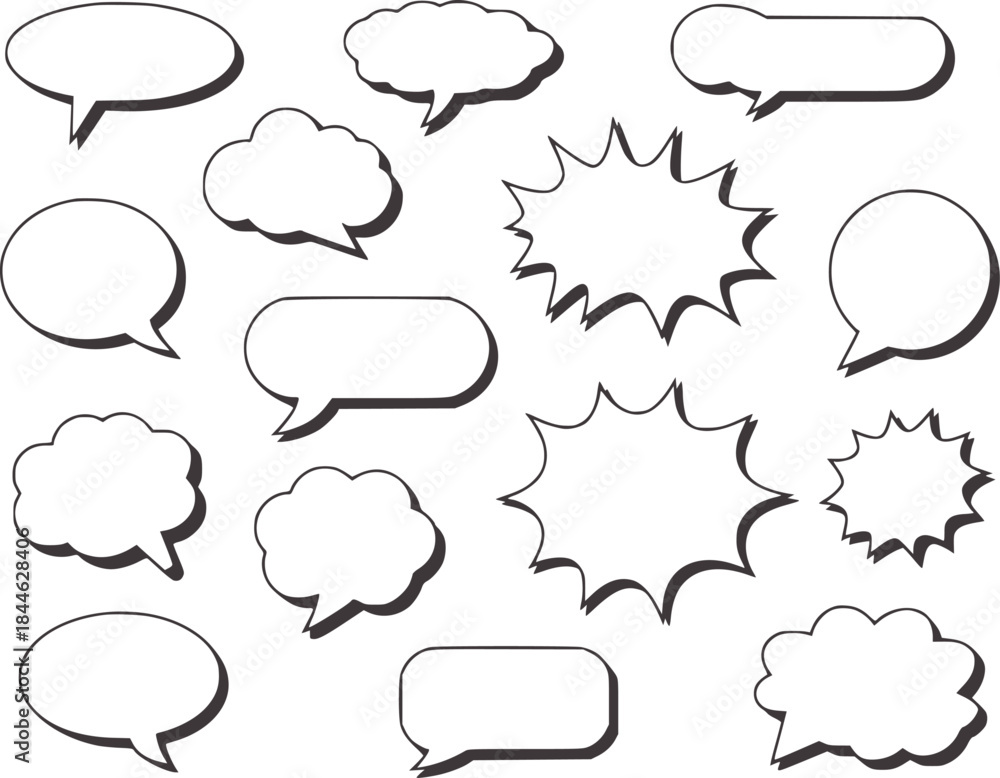 Obraz premium Fifteen black and white empty speech bubbles in varied shapes