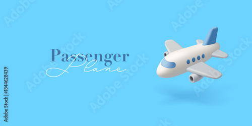 White minimalist 3D passenger plane on a blue background. Banner for air transportation, travel, charter flights, vacation concepts. Vector illustration.