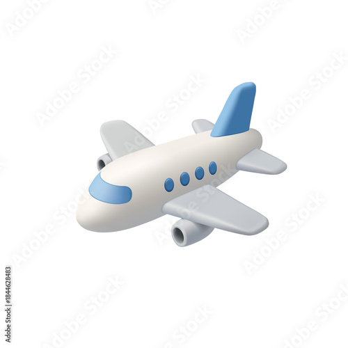 3D white airplane on white background. Icon, for international air travel, travel concepts. Passenger plane. Vector illustration.