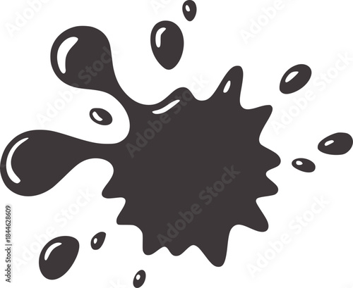 Irregular black ink splatter with droplets white
