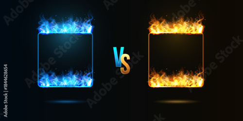 Blue vs orange fire flame frames, vector fiery rectangle shapes with tongues of flames and fire, burning border