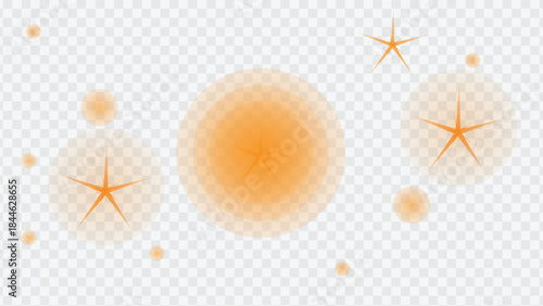 Orange glowing stars and circles on transparent background