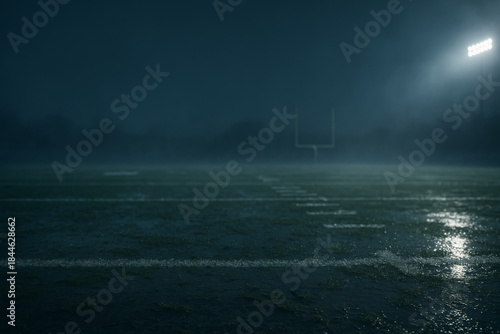 American football field at night with stadium lights, dark atmosphere