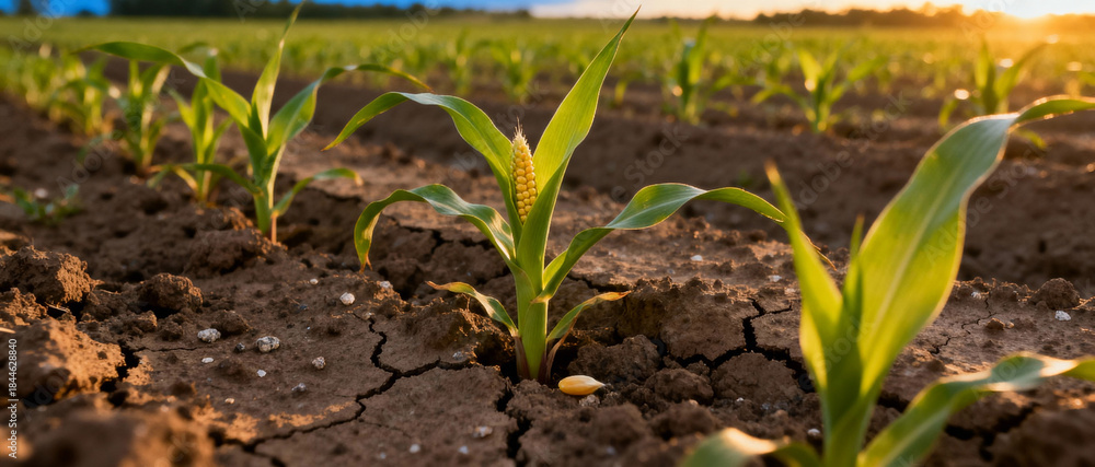 Fototapeta premium Sprouting corn seedlings growing in dry cracked soil during sunrise, highlighting drought conditions, fragile agriculture and climate impact
