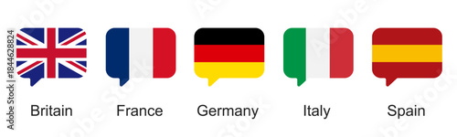 European flags in speech bubbles form. Button icon flag set. Language translate concept. United Kingdom, France, Germany, Italy, Spain
