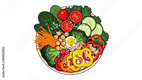 A vibrant colorful bowl of mixed vegetables and greens