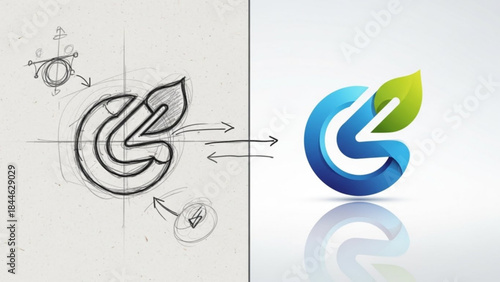 A creative design process transforming a simple handdrawn logo concept into a vibrant 3d rendered emblem with a leaf