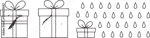 Minimalist black and white gift boxes with watercolor splatter and raindrop shapes