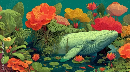 Highly detailed, rich illustration of a tropical island scene with a large whale floating in lily pads, surrounded by massive, vibrant orange and yellow flowers.