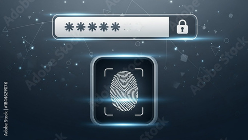 A futuristic digital illustration of a fingerprint scan and password input for secure biometric authentication on a dark blue background with a glowing effect