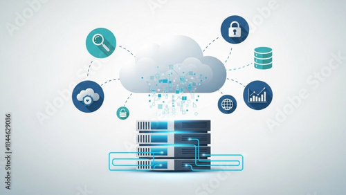 Cloud computing concept with server and security icons around a cloud