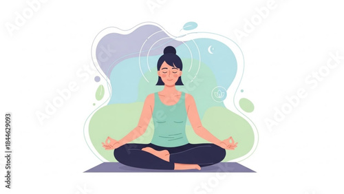 A serene illustration of a woman sitting in a yoga pose on a mat with a calming background