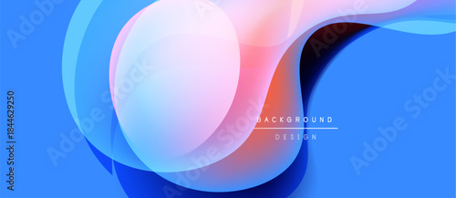 Abstract blue background features flowing shapes, gradients. Soft pink, orange hues blend seamlessly. Modern design element.