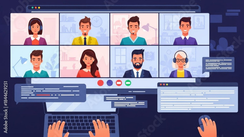 A colorful illustration of a video conference on a laptop screen with diverse people