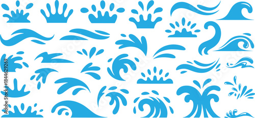 water splashes, falling rain drops, waves and spill. Blue water splashes and drops Set. splash  icons set. vector illustration