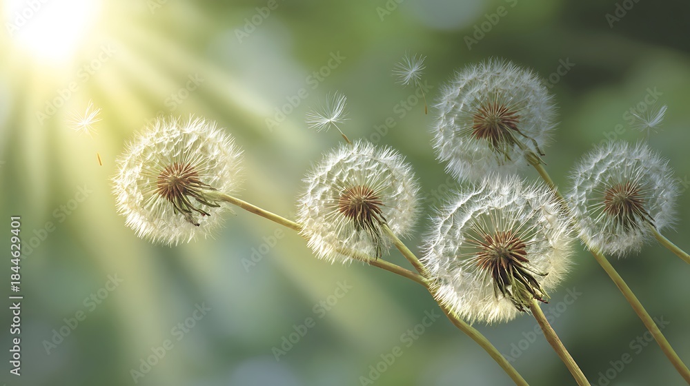 Obraz premium Close-up of dandelion clocks with seeds being carried away in the sunlit breeze