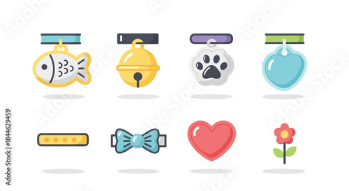Cute flat design pet accessories and charming decorative icons. Includes collar tags (fish, bell, paw print, heart), bow tie, simple collar, heart, and flower, perfect for animal-themed designs