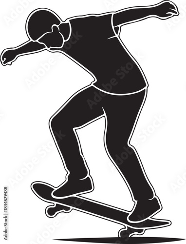 A dynamic collection of skateboard trick silhouettes showcasing skaters performing iconic moves such as ollies, kickflips, grabs, grinds, and aerial stunts