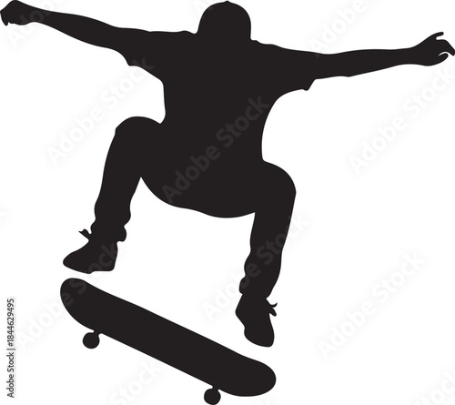 A dynamic collection of skateboard trick silhouettes showcasing skaters performing iconic moves such as ollies, kickflips, grabs, grinds, and aerial stunts