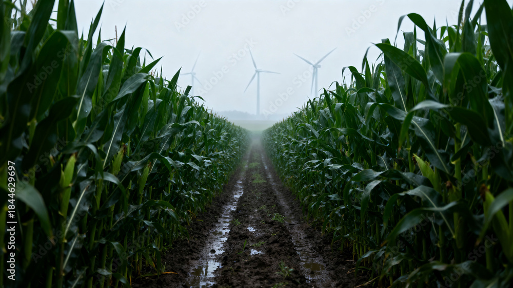 Obraz premium Corn field path with wind turbines in the background on a cloudy day in rural area