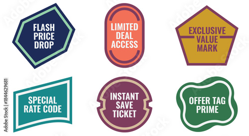 A collection of vibrant promotional badges displaying sale offers and exclusive deals