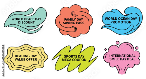 Colorful promotional labels for various holidays and special days on isolated white background