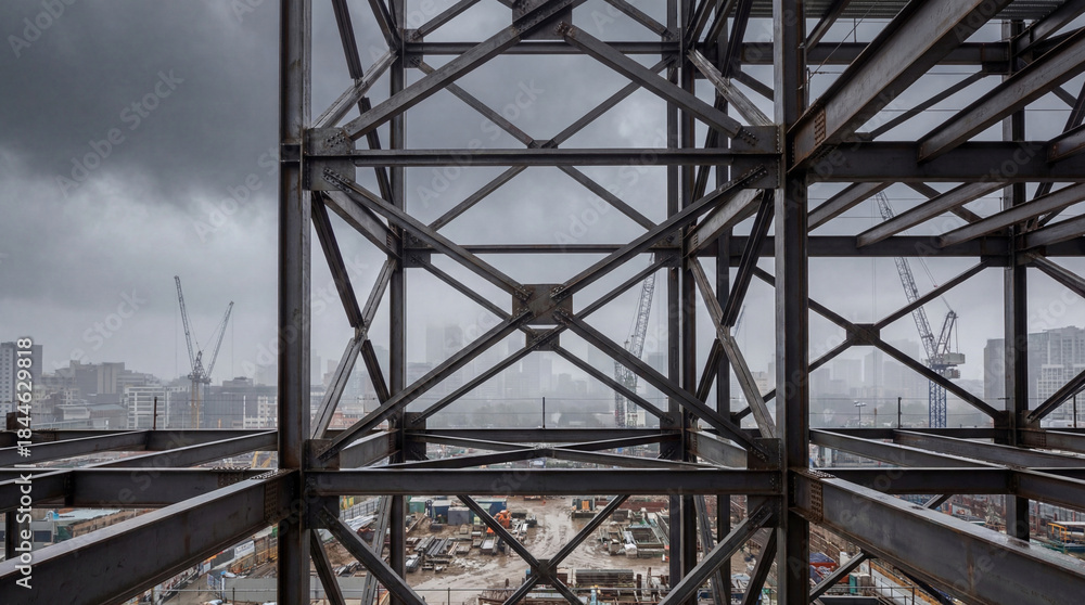Naklejka premium Steel framework of high rise building under construction with urban skyline and cranes in foggy overcast industrial cityscape