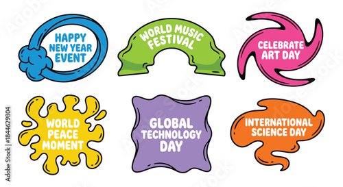 Colorful stickers for happy new year, world music festival, art day, world peace event, global technology day, international science day