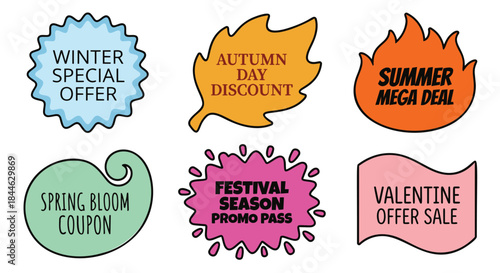 Collection of colorful discount labels for various seasonal promotions and sales events