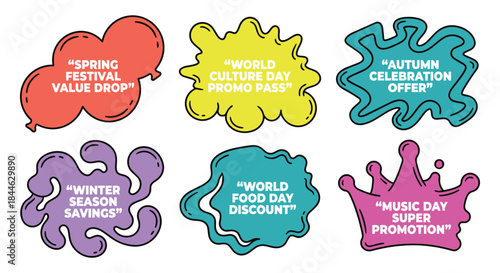 Colorful festival and celebration sale badges with discounts and promotions isolated on white background