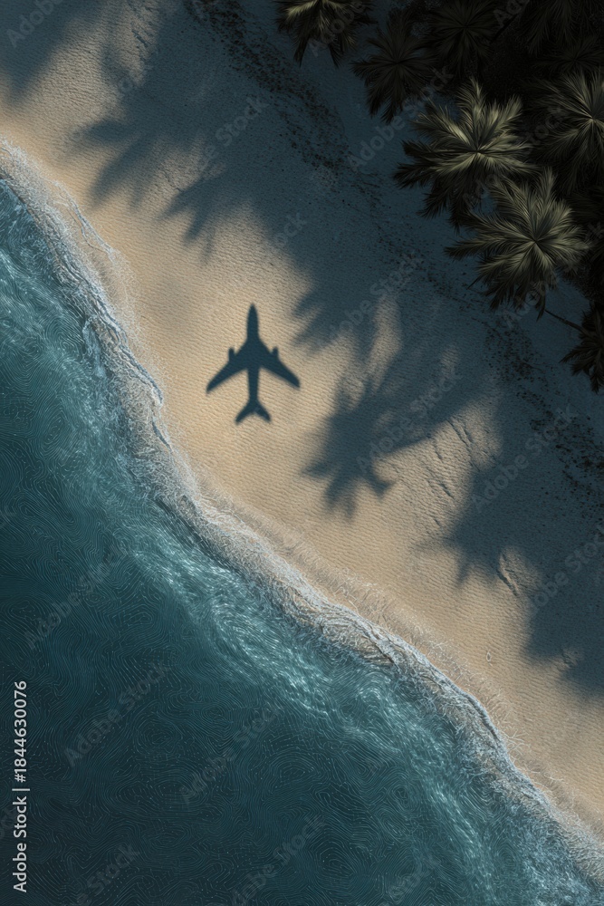 Naklejka premium Shadow of Airplane Over Tropical Beach with Palm Shadows