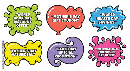 Colorful promotional speech bubbles for various holidays and special offers isolated on white background