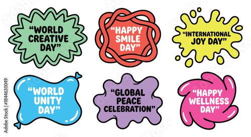Colorful stickers for world creative day, happy smile day, and other celebrations on white background
