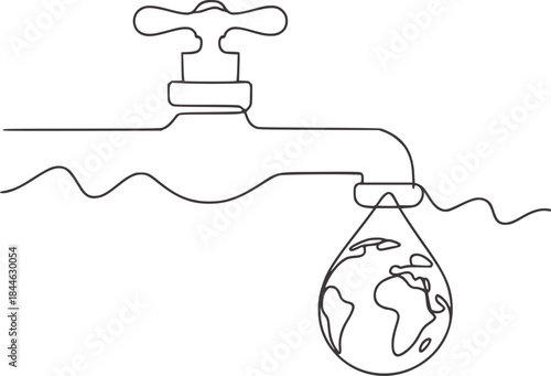 Minimalist black and white line of a faucet dripping a water droplet globe