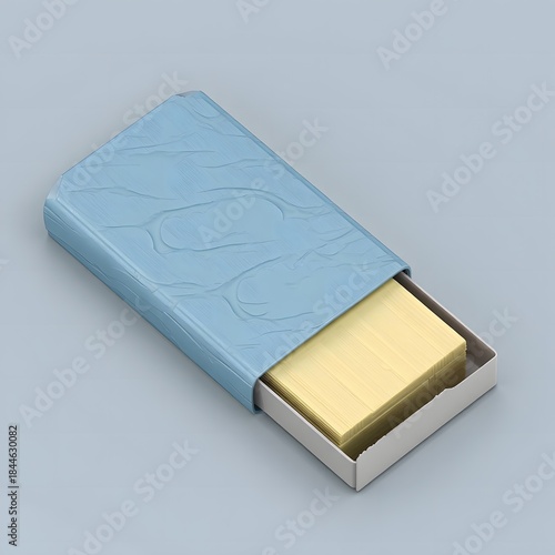 Partially open blue matchbox-style case revealing light yellow contents on a solid background