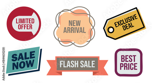 Colorful sale badges and labels displaying promotional offers and special deals clearly