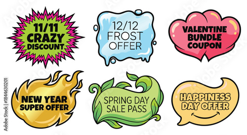 Colorful promotional badges displaying various seasonal sales and special offers are shown