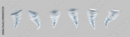 A set of tornado funnels of various shapes on an isolated transparent background.